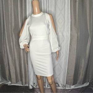 White Sheath Dress with Bishop Sleeves and Cold Shoulder